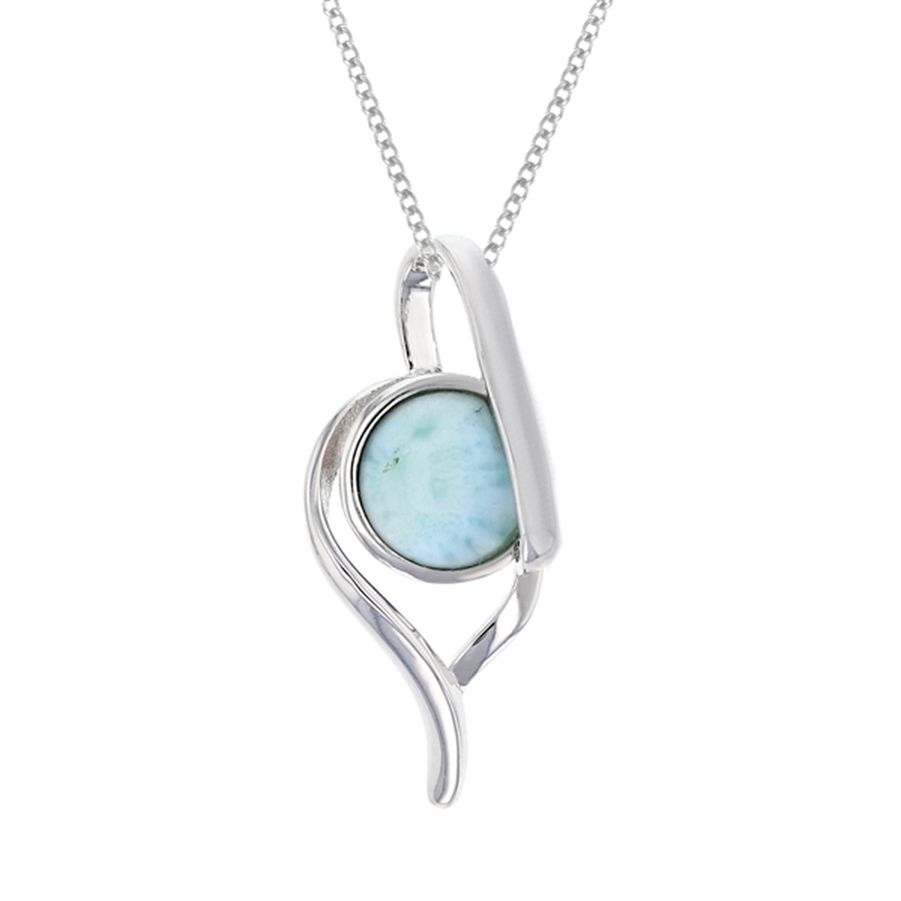 925 Sterling Silver Round Larimar in Open Drop Shape Pendant 3 gm